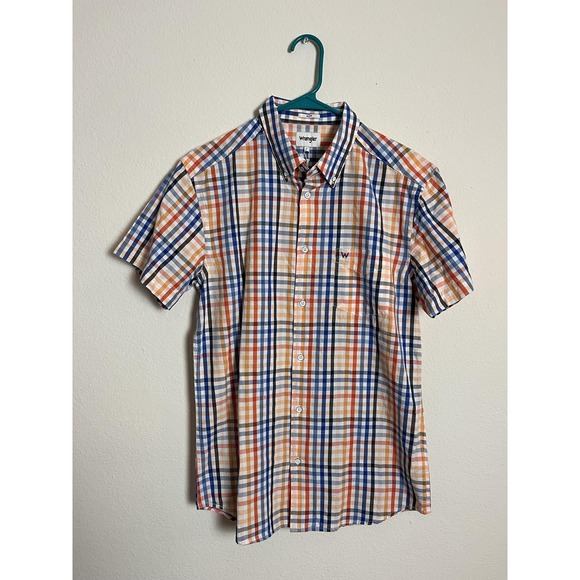Wrangler Shirt Boys Large Orange Blue Plaid Slim Fit Short Sleeve‎ Button Down - Picture 2 of 8